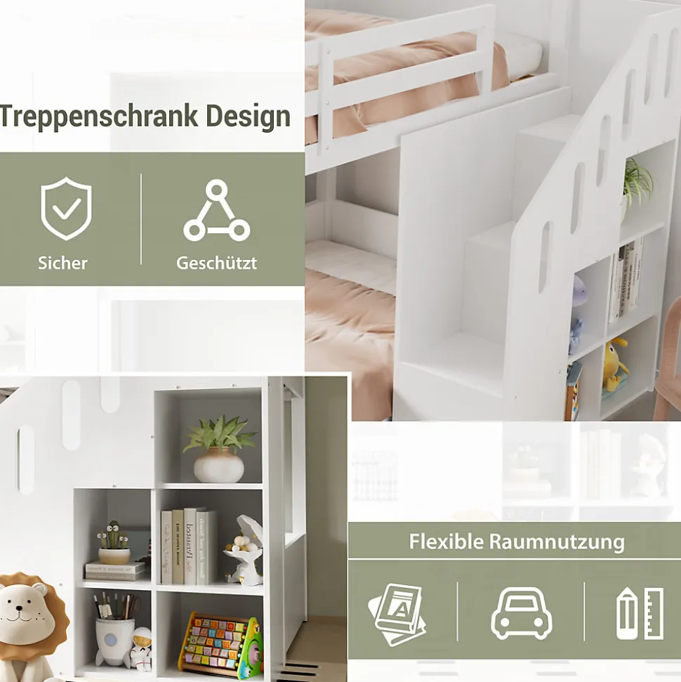 Lit Combiné 90x200 cm - Lit Superposé enfant avec Escaliers et Casier - Bois - Sans Matelas - Blanc