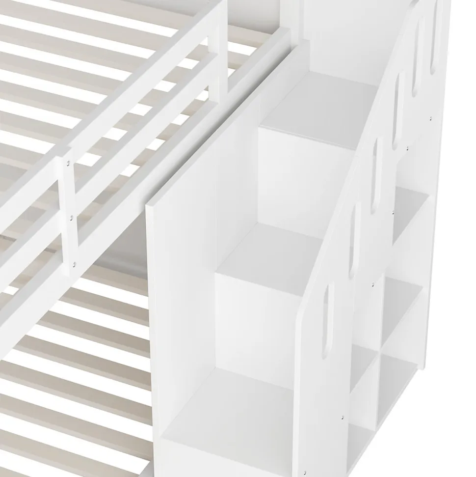 Lit Combiné 90x200 cm - Lit Superposé enfant avec Escaliers et Casier - Bois - Sans Matelas - Blanc