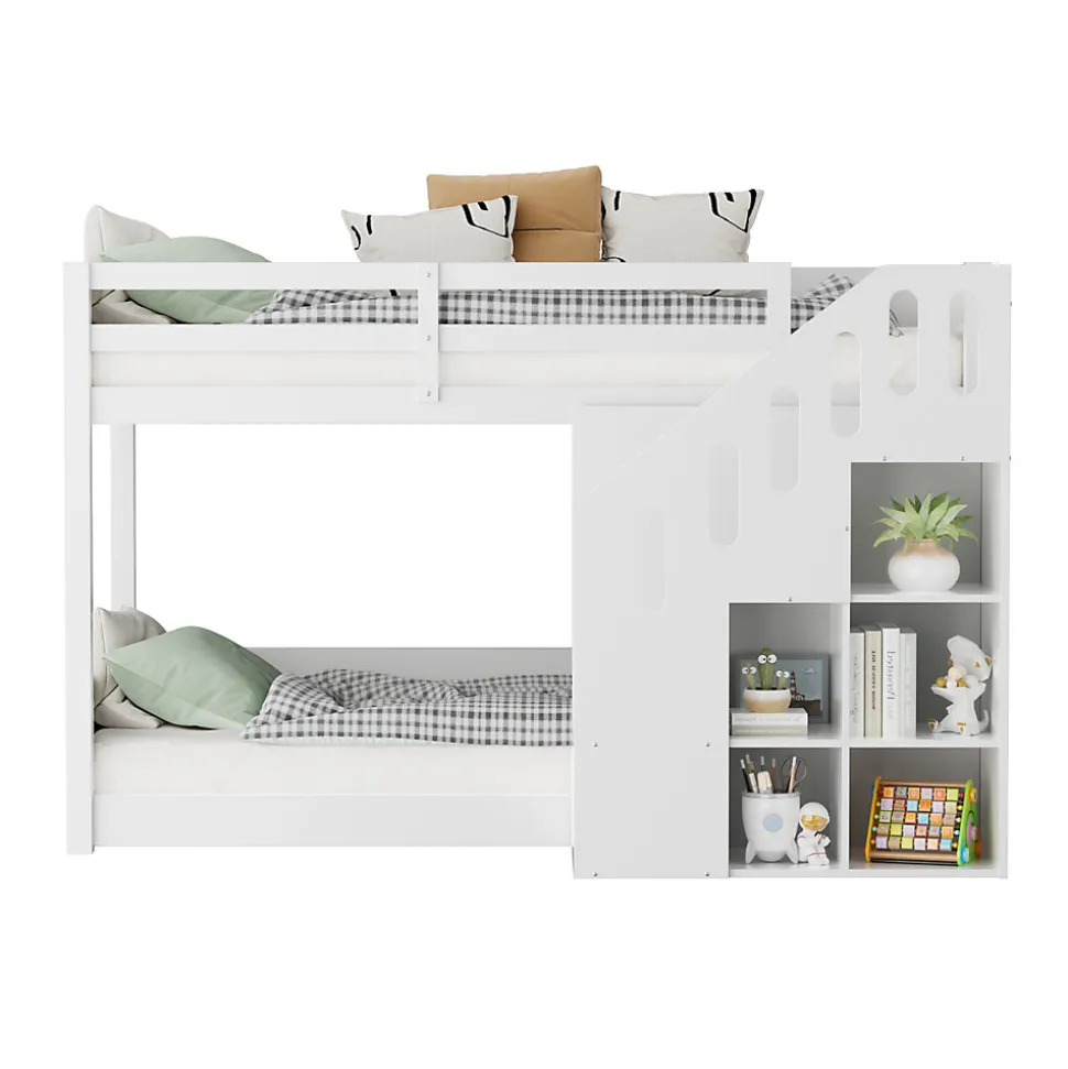 Lit Combiné 90x200 cm - Lit Superposé enfant avec Escaliers et Casier - Bois - Sans Matelas - Blanc