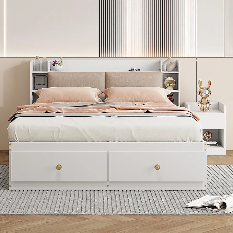 Lit combiné 140x200 cm en bois massif avec tête de lit rangement tiroirs table de chevet armoire et banquette blanc