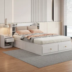 Lit combiné 140x200 cm en bois massif avec tête de lit rangement tiroirs table de chevet armoire et banquette blanc