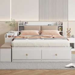 Lit combiné 140x200 cm en bois massif avec tête de lit rangement tiroirs table de chevet armoire et banquette blanc