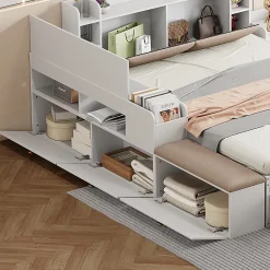 Lit combiné 140x200 cm en bois massif avec tête de lit rangement tiroirs table de chevet armoire et banquette blanc