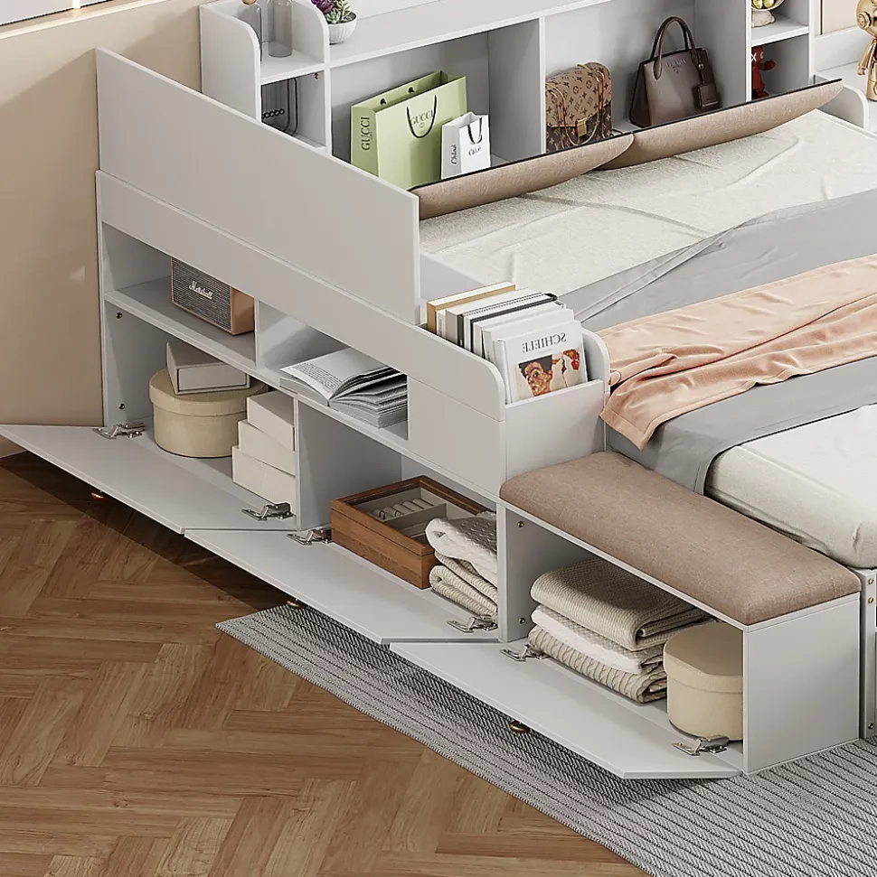 Lit combiné 140x200 cm en bois massif avec tête de lit rangement tiroirs table de chevet armoire et banquette blanc