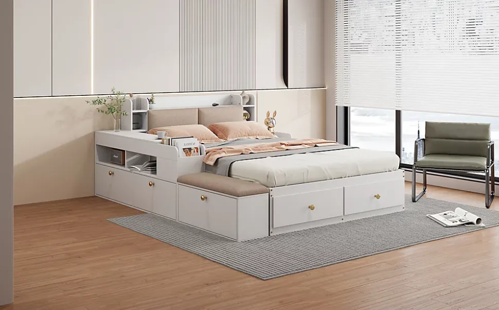 Lit combiné 140x200 cm en bois massif avec tête de lit rangement tiroirs table de chevet armoire et banquette blanc