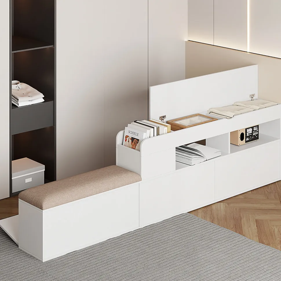 Lit combiné 140x200 cm en bois massif avec tête de lit rangement tiroirs table de chevet armoire et banquette blanc