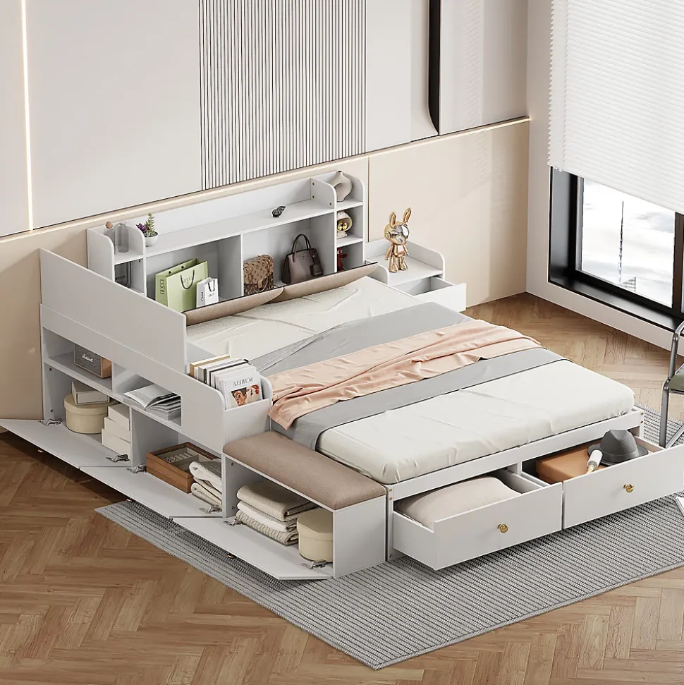 Lit combiné 140x200 cm en bois massif avec tête de lit rangement tiroirs table de chevet armoire et banquette blanc