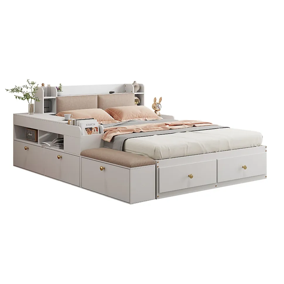 Lit combiné 140x200 cm en bois massif avec tête de lit rangement tiroirs table de chevet armoire et banquette blanc