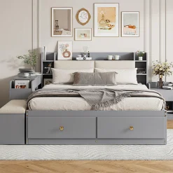 Lit combiné 140x200 cm en bois massif avec tête de lit rangement tiroirs table de chevet armoire et banquette gris