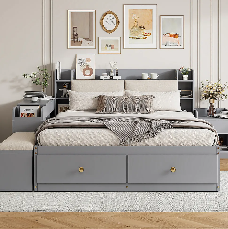 Lit combiné 140x200 cm en bois massif avec tête de lit rangement tiroirs table de chevet armoire et banquette gris