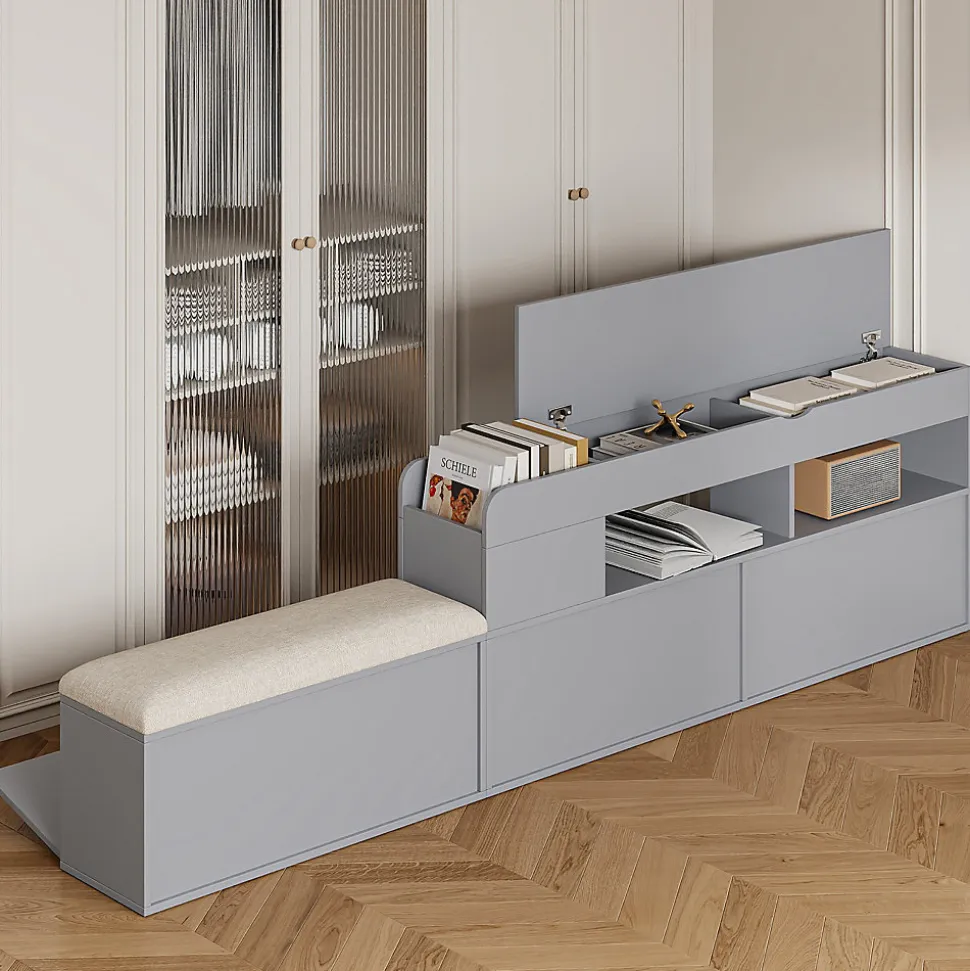 Lit combiné 140x200 cm en bois massif avec tête de lit rangement tiroirs table de chevet armoire et banquette gris