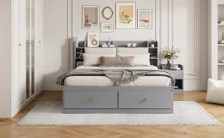 Lit combiné 140x200 cm en bois massif avec tête de lit rangement tiroirs table de chevet armoire et banquette gris