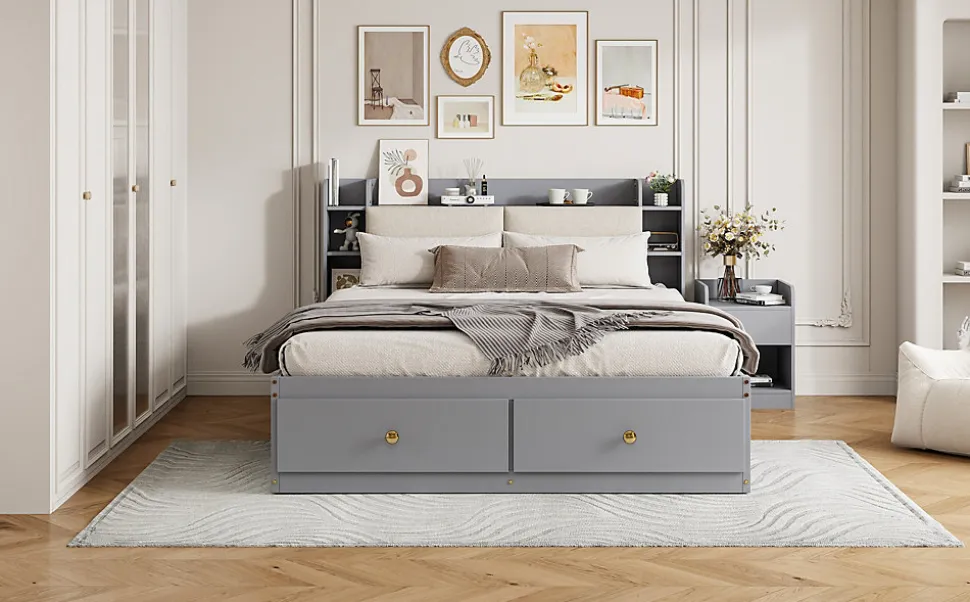 Lit combiné 140x200 cm en bois massif avec tête de lit rangement tiroirs table de chevet armoire et banquette gris