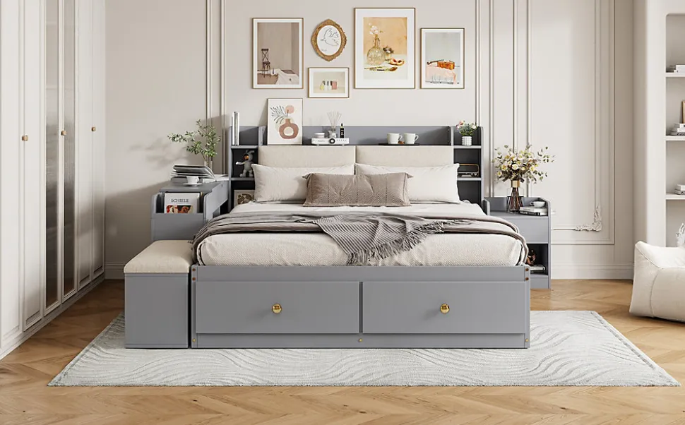 Lit combiné 140x200 cm en bois massif avec tête de lit rangement tiroirs table de chevet armoire et banquette gris