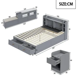 Lit combiné 140x200 cm en bois massif avec tête de lit rangement tiroirs table de chevet armoire et banquette gris