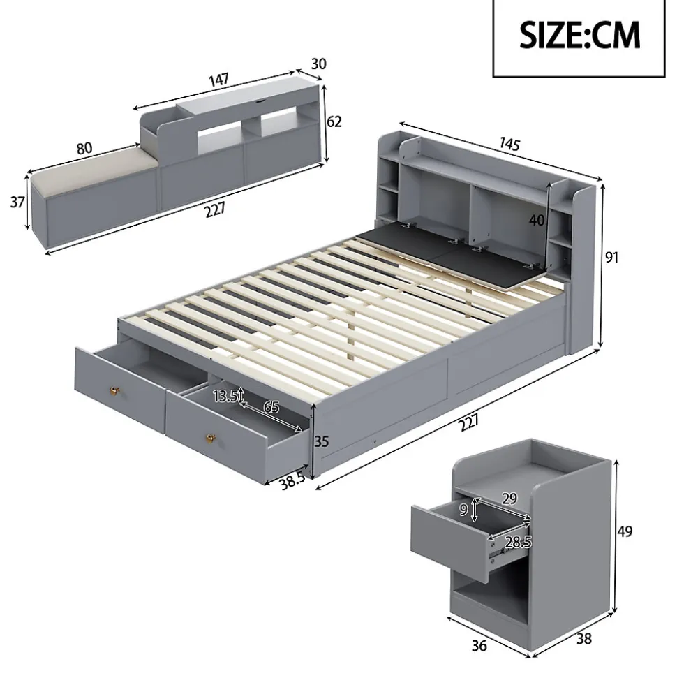 Lit combiné 140x200 cm en bois massif avec tête de lit rangement tiroirs table de chevet armoire et banquette gris