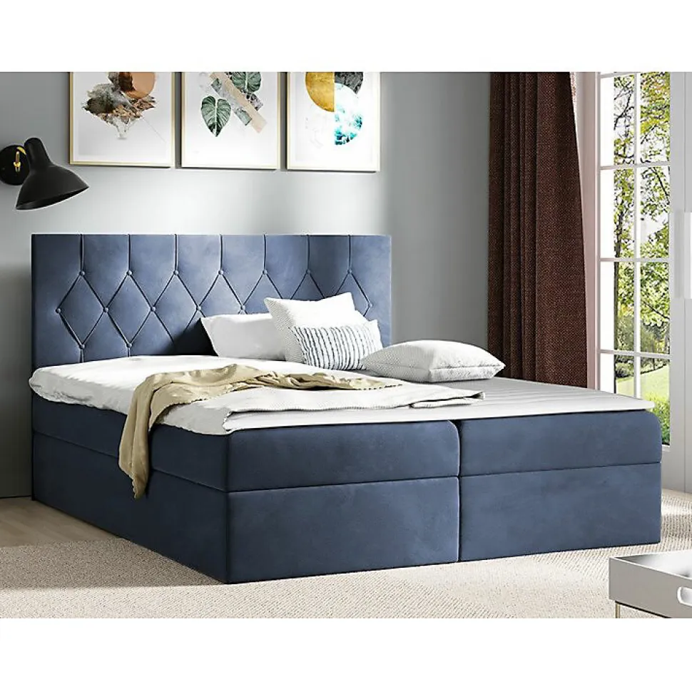 Lit continental Baltimore 159, Double, Bleu, Tissu, Disponible