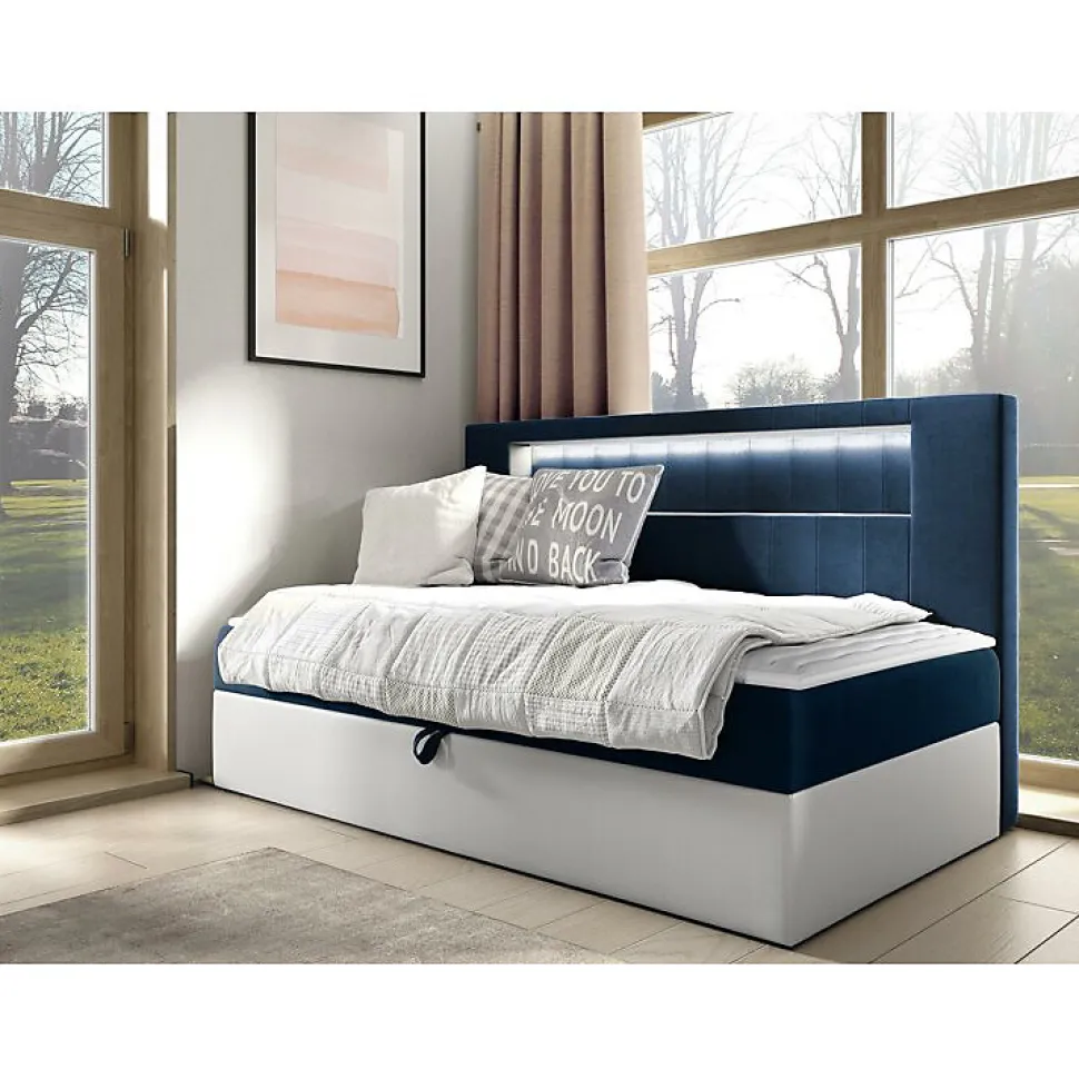 Lit continental Baltimore 168, Unique, Bleu, Faux cuir, Disponible