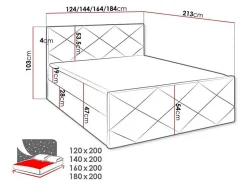 Lit continental Baltimore 155, Double, Gris, Tissu, Disponible