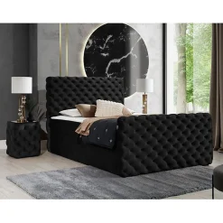 Lit continental Baltimore 186, Double, Noir, Tissu, Disponible