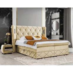 Lit continental Baltimore 187, Unique, Brun clair, Tissu, Disponible