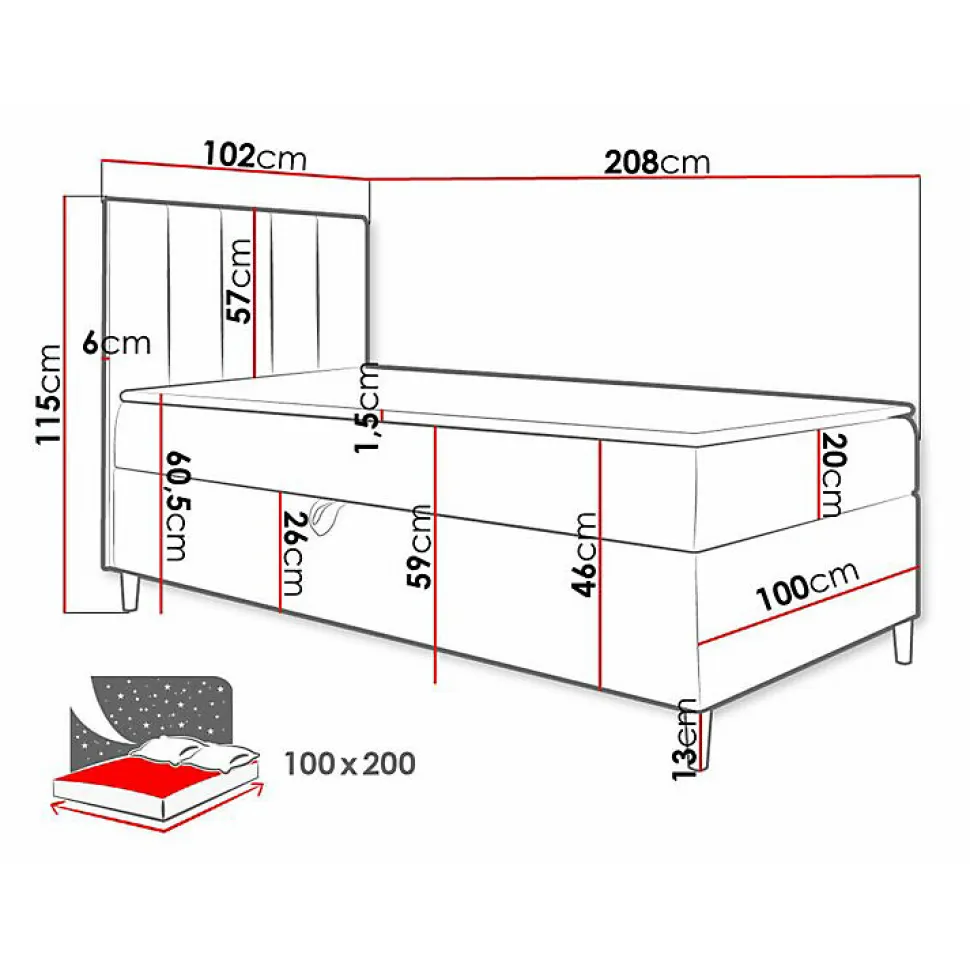 Lit continental Baltimore 170, Unique, Rouge, Faux cuir, Disponible