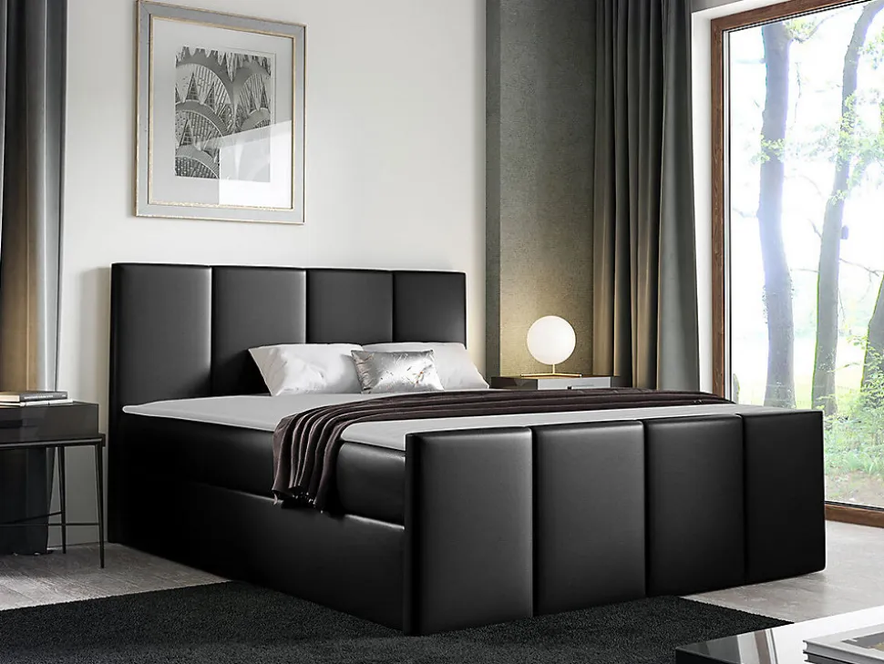 Lit continental Baltimore 154, Double, Noir, Faux cuir, Disponible