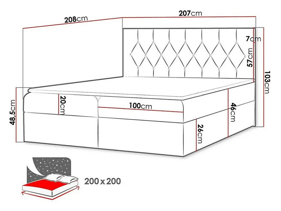 Lit continental Baltimore 159, Double, Noir, Tissu, Disponible
