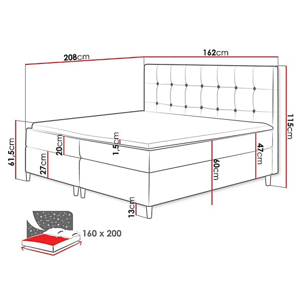 Lit continental Baltimore 130, Double, Bleu, Tissu, Disponible
