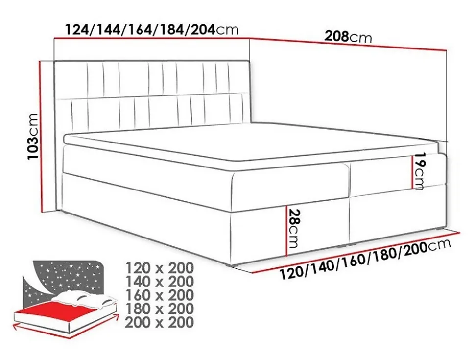 Lit continental Baltimore 144, Unique, Noir, Tissu, Disponible