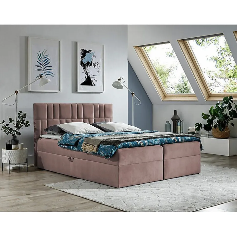 Lit continental Baltimore 143, Double, Rose, Tissu, Disponible