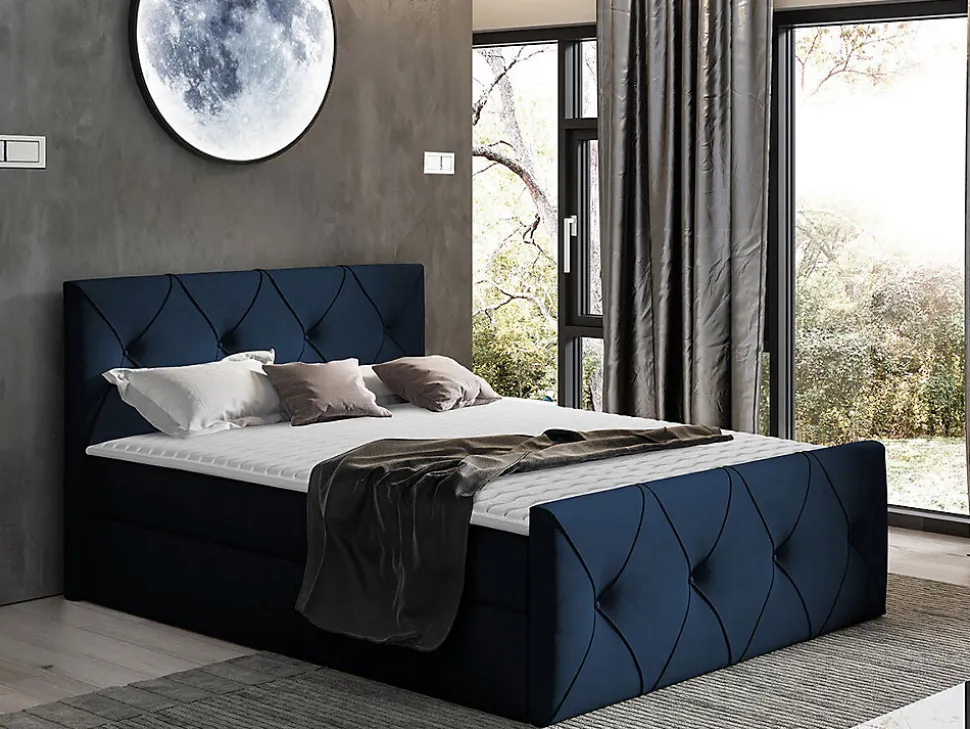 Lit continental Baltimore 150, Double, Bleu, Tissu, Disponible