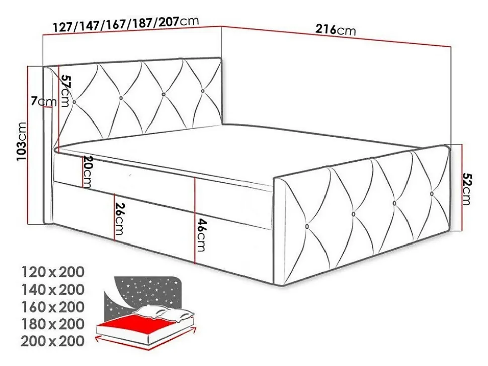 Lit continental Baltimore 150, Double, Bleu, Tissu, Disponible