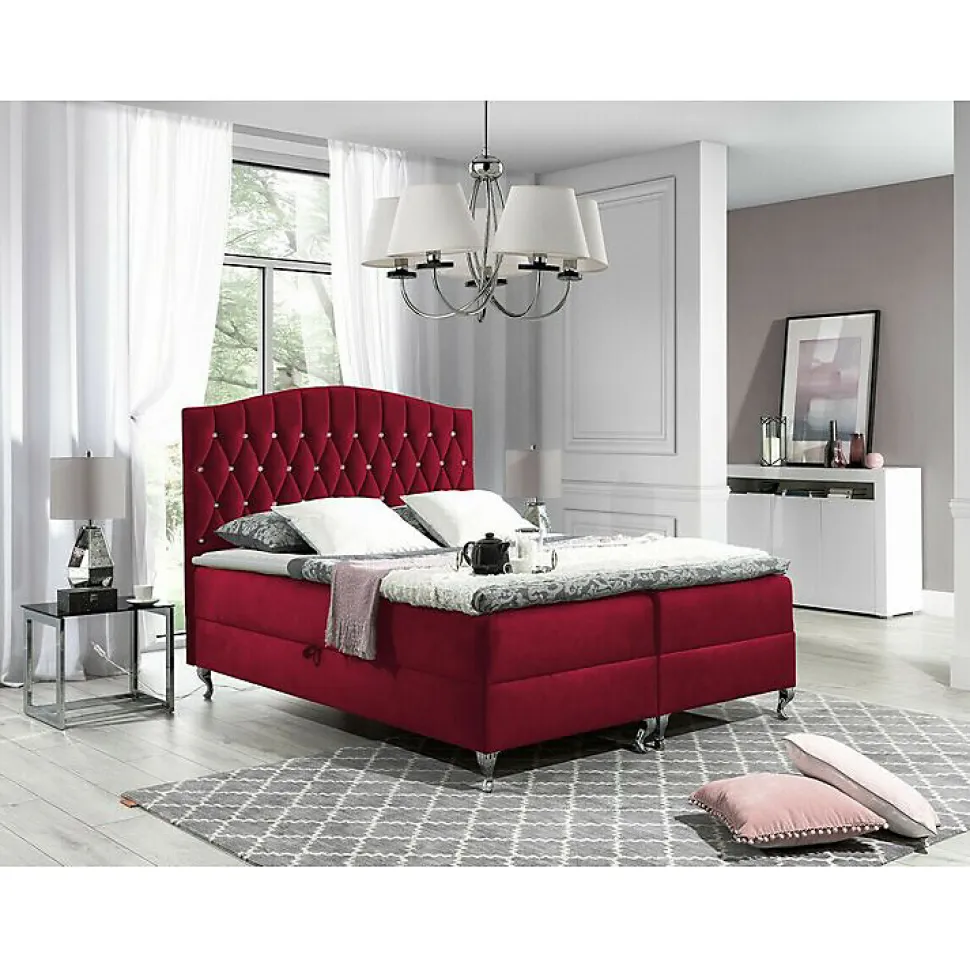 Lit continental Baltimore 142, Double, Rouge, Tissu, Disponible