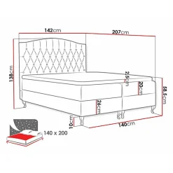 Lit continental Baltimore 142, Double, Rouge, Tissu, Disponible