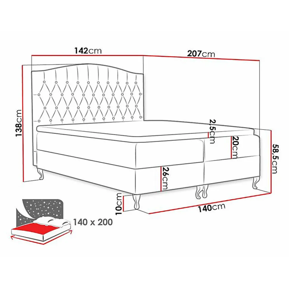 Lit continental Baltimore 142, Double, Rouge, Tissu, Disponible