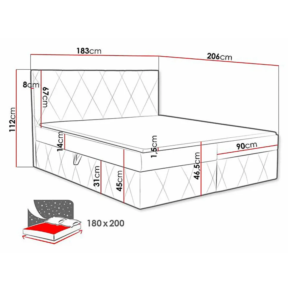 Lit continental Comfivo 225, Double, Gris, Tissu, Disponible