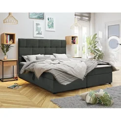 Lit continental Memphis 103, Double, Gris, Tissu, Disponible