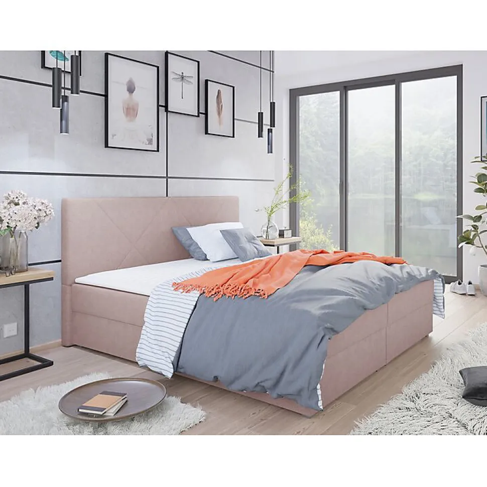 Lit continental Memphis 117, Double, Rose, Tissu, Disponible