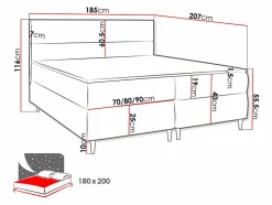 Lit continental Memphis 135, Double, Gris, Tissu, Disponible