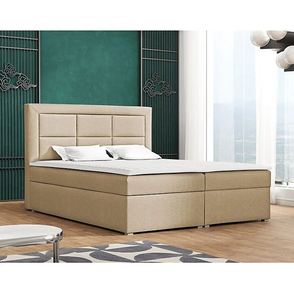 Lit continental Pomona 114, Double, Brun clair, Tissu, Disponible