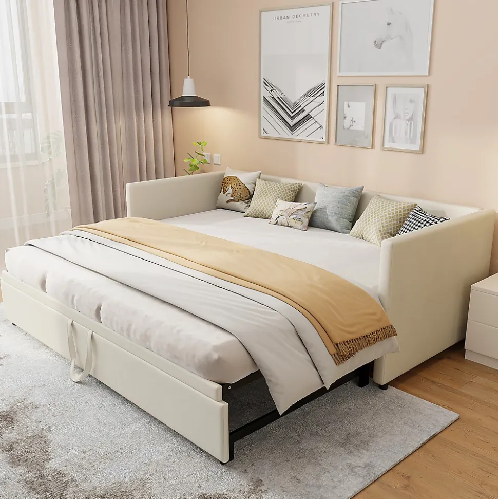 Lit convertible 90/180x200 cm, canapé avec roulettes, sommier à lattes, tissu velours beige