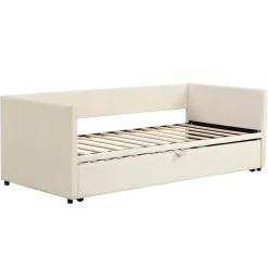 Lit convertible 90/180x200 cm, canapé avec roulettes, sommier à lattes, tissu velours beige
