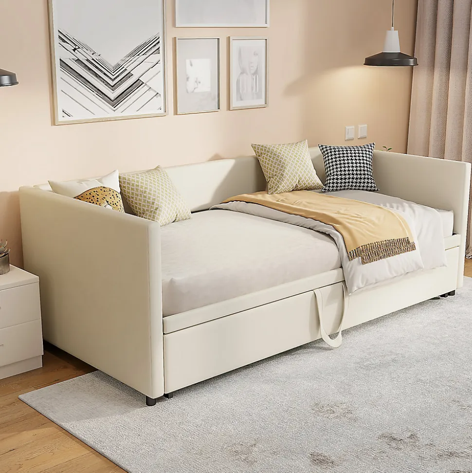 Lit convertible 90/180x200 cm, canapé avec roulettes, sommier à lattes, tissu velours beige