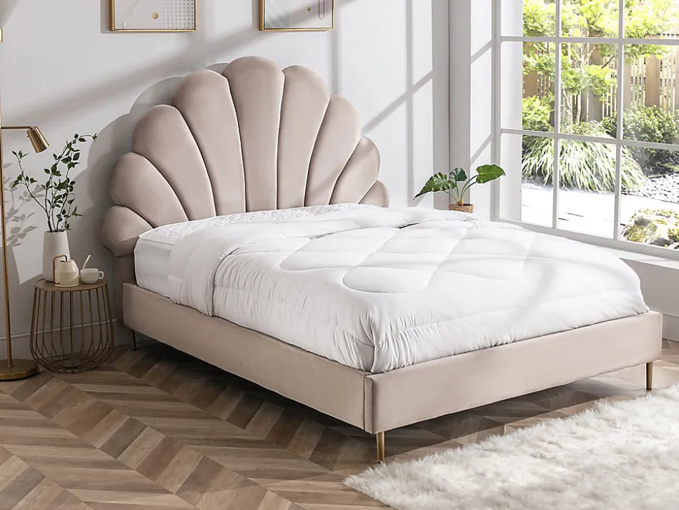 Lit coquillage 140 x 190 cm - Velours - Beige + Matelas - LIVAYA