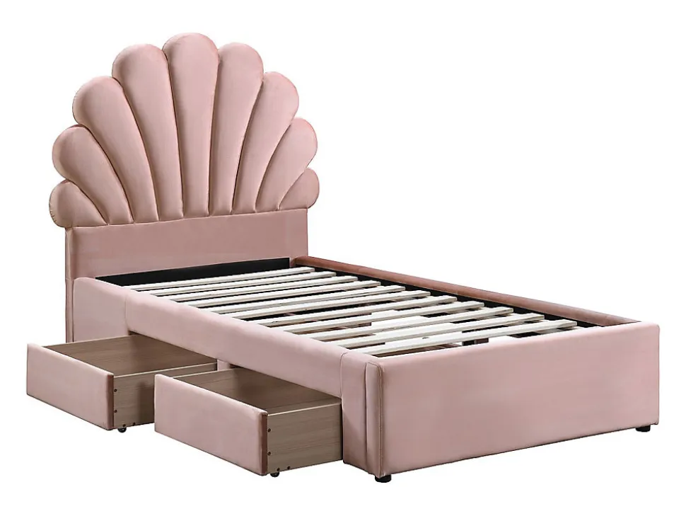 Lit coquillage 90 x 190 cm avec 2 tiroirs - Velours - Rose - MOANA