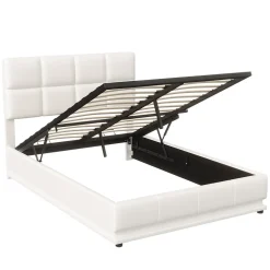 Lit d'ameublement 140x190 cm avec éclairage LED, cadre à lattes et tête de lit réglable, cuir synthétique, sans matelas, blanc