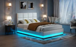 Lit d'ameublement 140x190 cm avec éclairage LED, cadre à lattes et tête de lit réglable, cuir synthétique, sans matelas, blanc