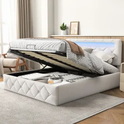 Lit d'ameublement 140x200, lit double LED avec espace de stockage et cadre à latte,sans matelas,abricot