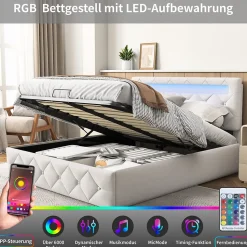 Lit d'ameublement 140x200, lit double LED avec espace de stockage et cadre à latte,sans matelas,abricot